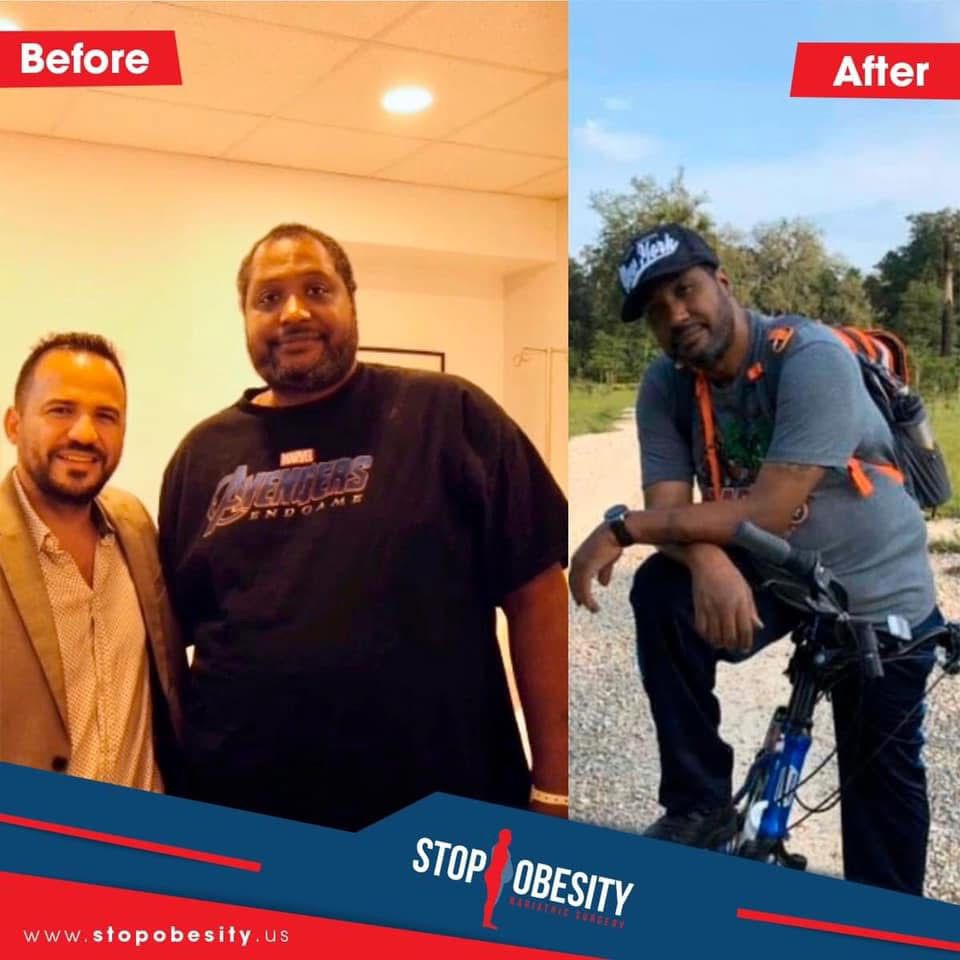 Bariatric patient showing weight loss results with too-large jeans