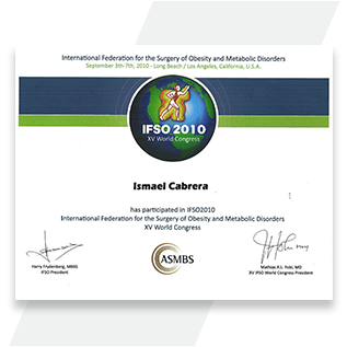 Dr. Ismael Cabrera's certificate from the IFSO 2010 conference
